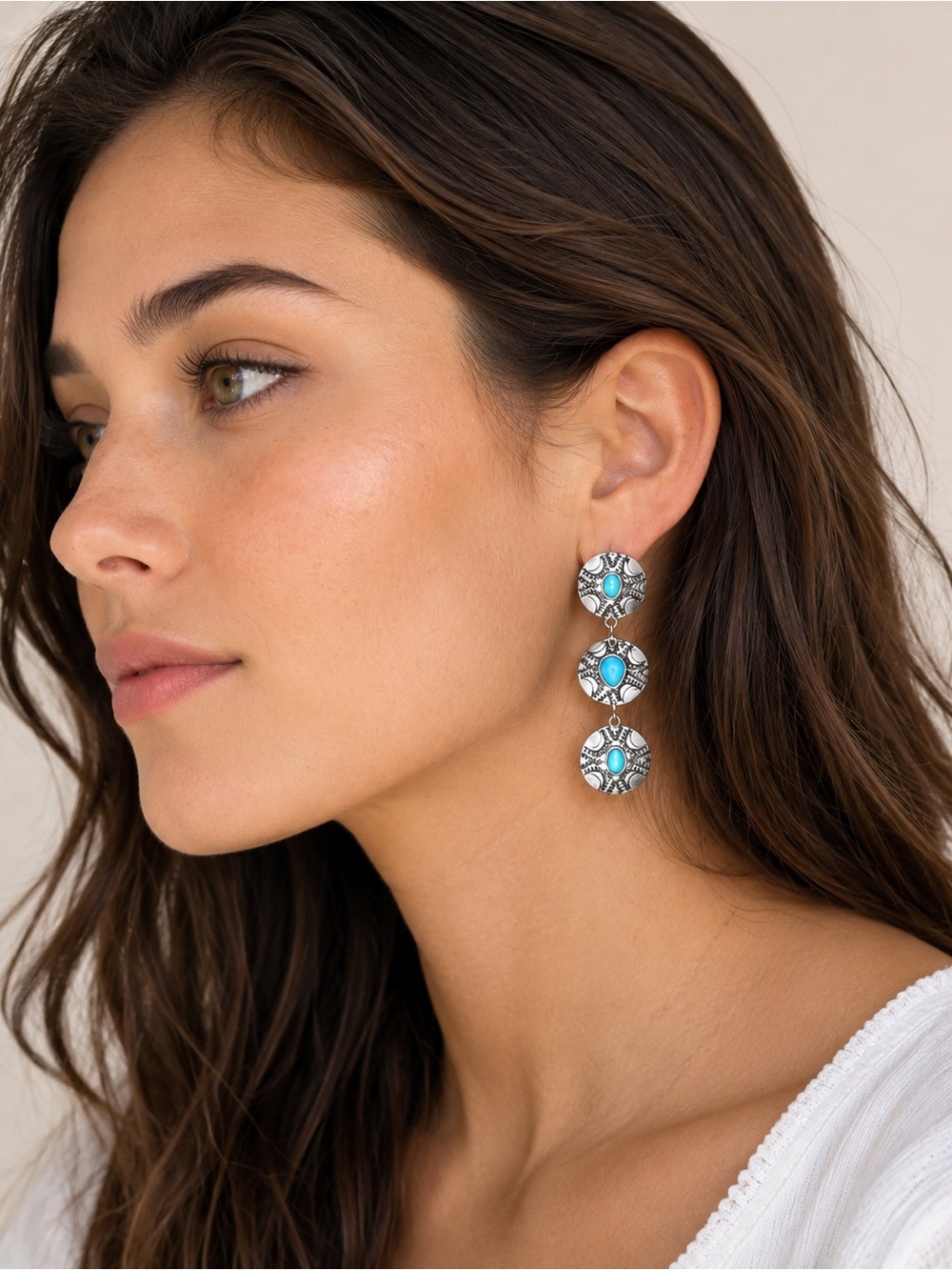 Southwest Style Turquoise Look Triple Drop Earrings Silver‎ Toned Concho